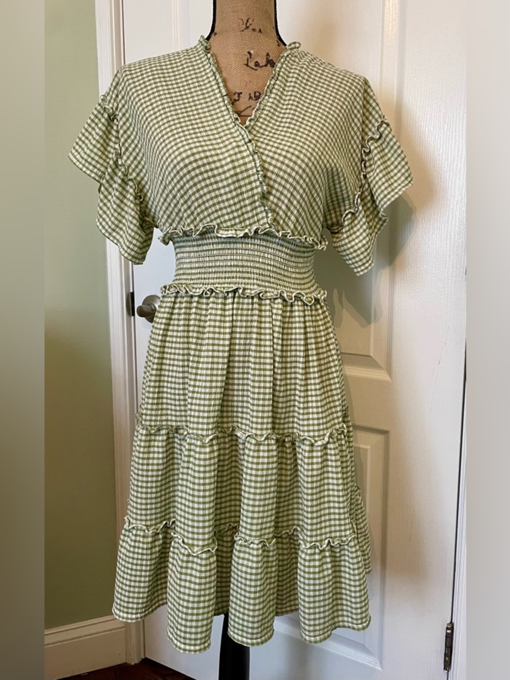 Max Studio Sage Green Gingham Midi Dress